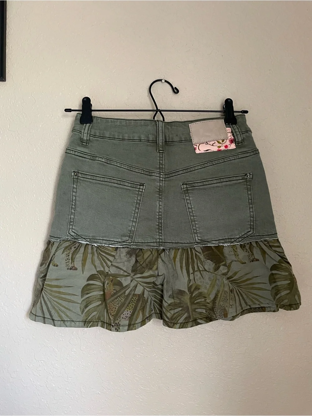 New Desigual Flounce Patchwork Denim Mini Skirt Size US 0/2 Tropical Print Green